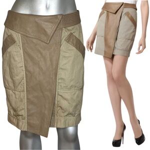 Alexander Wang Olive Green Cotton Asymmetrical Leather Trim Cargo Wrap Skirt 4